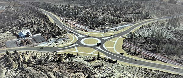 3D visualization of planned roundabout at intersection ntersection of US20 and Ward and Hamby roads east of Bend.